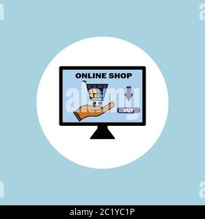 Online shop, Laptop, desktop, computer icon with shopping baskets. Design template vector Stock Vector