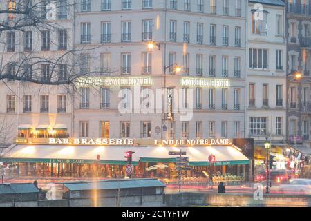 Bars and street scenes near Notre Dame in central Paris, France. Stock Photo