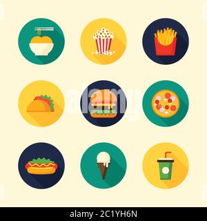 Set of food and drink flat design icon with long shadow in circle shape, vector illustration Stock Vector