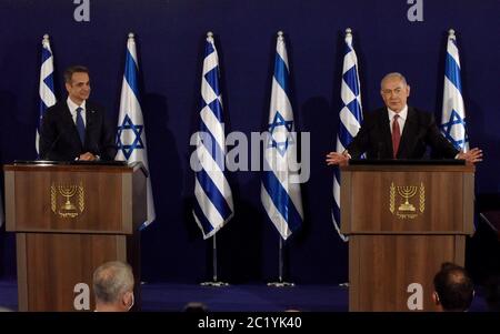 Jerusalem, Israel. 16th June, 2020. (R) Israeli Prime Minister Benjamin Netanyahu and (L) Greek Prime Minister Kyriakos Mitsotakis issue joint statements in Jerusalem, June 16, 2020. Photo by Debbie Hill/UPI Credit: UPI/Alamy Live News Stock Photo