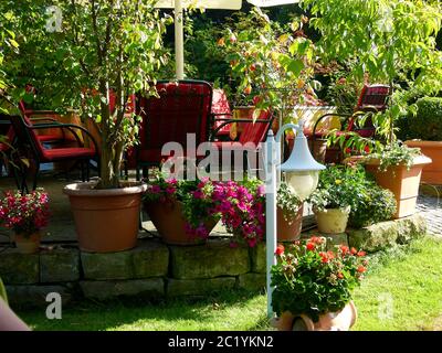 Cozy sitting area on shady terrace with lots of plants Stock Photo