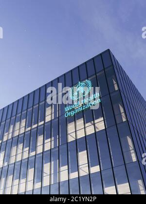 June 15, 2020, Editorial Use Only, 3D CGI. World Health Organization Signage Logo on Top of Glass Building. Workplace in High-rise Office Headquarter Stock Photo