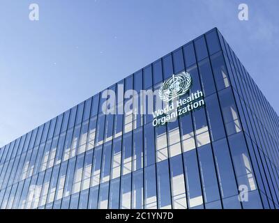 June 15, 2020, Editorial Use Only, 3D CGI. World Health Organization Signage Logo on Top of Glass Building. Workplace in High-rise Office Headquarter Stock Photo