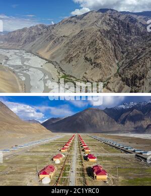 (200616) -- BEIJING, June 16, 2020 (Xinhua) -- Combination photo shows one of the gullies where residents of Rasekam Village used to live (top, photo taken with a drone on July 8, 2019) and a resettlement community for relocated residents of Rasekam Village in Taxkorgan Tajik Autonomous County (bottom, photo taken with a drone on June 6, 2020), northwest China's Xinjiang Uygur Autonomous Region. TO GO WITH XINHUA HEADLINES OF JUNE 16, 2020. (Xinhua/Hu Huhu) Stock Photo