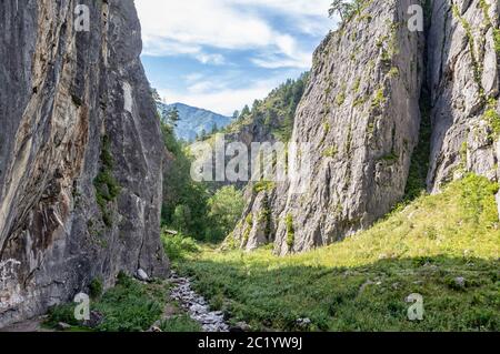 a small stream flows between the mountains and flows into the river Stock Photo