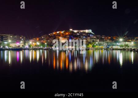 General night view of the castle dominating the cityscape of Kavala Greece Stock Photo
