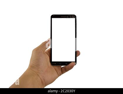 Man hand holding black phone with cracks, isolated on white clipping path inside Stock Photo