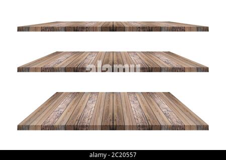Set of brown wood shelves on isolated white background. Objects with clipping path for design work and decoration Stock Photo
