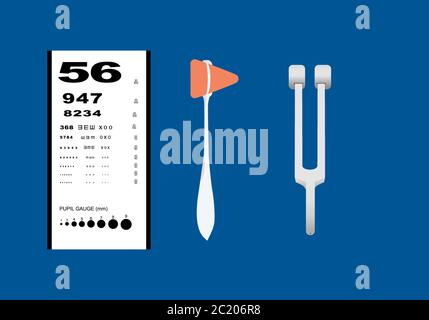 Set of neurological examination instruments including reflex hammer, tuning forks and pocket near vision chart. Stock Vector