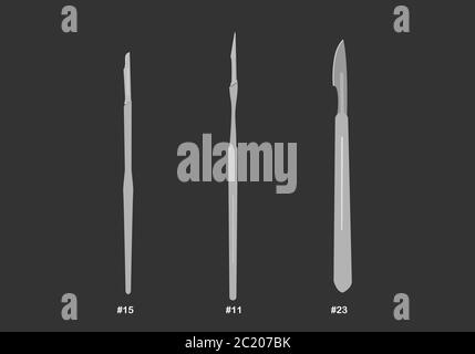 Different size of surgical blade in operating room. Blade number 11, 15 and 23 and scalpel holder. Stock Vector
