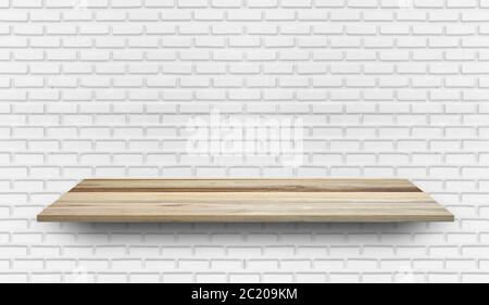 Empty wood plank shelf at white brick wall pattern background. Design for product display, mockup, advertise, banner, or montage Stock Photo
