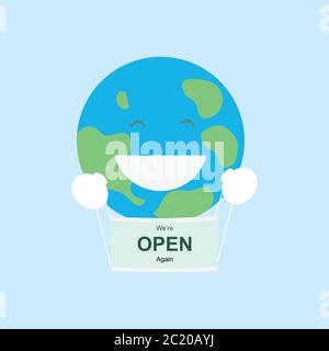 Concept of reopening the world after quarantine for coronavirus. Illustration of earth planet taking off protective facial mask and opening text. Stock Vector