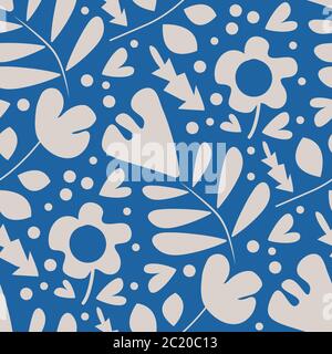 Wild meadow flowers seamless vector pattern background. Botanical silver florals on blue backdrop. Folk country style millefleurs design. Modern all Stock Vector