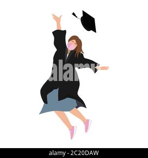 Young 20202 graduate student girl in medical mask and graduation gown jumping and throwing the mortarboard high into the air. Flat vector illustration Stock Vector