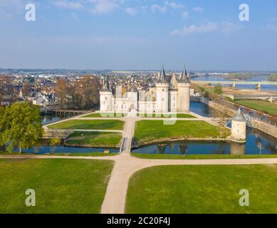 France, Loiret, Loire Valley listed as World Heritage by UNESCO, Sully sur Loire, Chateau de Sully sur Loire, 14th-18th century, castle and park (aeri Stock Photo