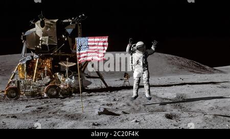 3D Rendering. Astronaut Jumping On The Moon. CG Animation. Elements Of ...