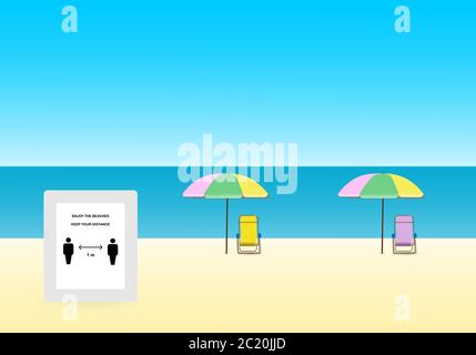 Two beach chairs keep distancing on the beach. Keep distancie sign warning for preventing from coronavirus outbreak after reopening the beach. Stock Vector