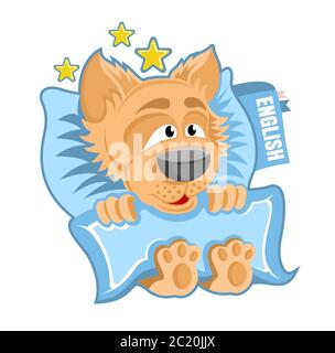 Character brown dog in the bed with book under the pillow in cartoon style on white. Stock Vector