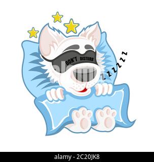 Character dog in the bed sleeping and snoring with blindfellen in cartoon style on white. Stock Vector