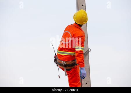 Uniformed electricians working on high-voltage electricity poles with safety equipment. Stock Photo