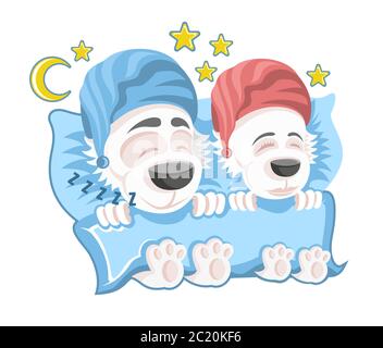 Family of dogs, man and woman sleeping in the bed clothed in nightcaps in cartoon style on white Stock Vector