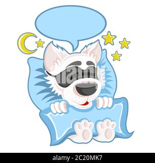 Character dog in the bed sleeping with blindfellen and speech bubble in cartoon style on white. Stock Vector