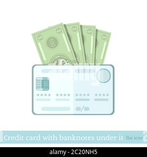 flat icon of credit card with banknotes under it on white. Stock Vector