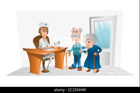 Grandmother and grandfather at the doctor, on doctor cabinet background. Cartoon character grandma and grandfa stand beside with doctor who sit at the Stock Vector