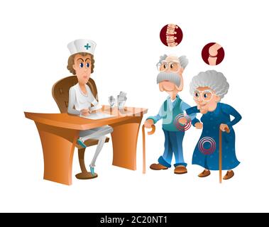 Grandmother and grandfather at the doctor with pain problems. Cartoon character grandma and grandfa stand beside with doctor who sit at the desk. Flat Stock Vector