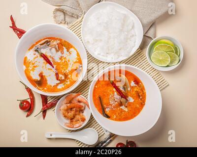 Tom Yam Soup with Coconut Milk and Shrimp. Traditional Thai food.Top view Stock Photo