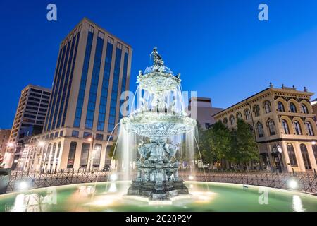 Montgomery, Alabama, USA fountain and downtown cityscape at twilight. Stock Photo