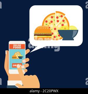 hand holding cellphone for online shopping food. vector illustration Stock Vector