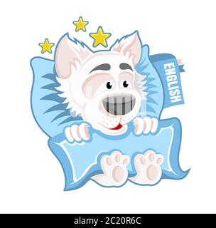 Character white dog in the bed with book under the pillow in cartoon style on white Stock Vector