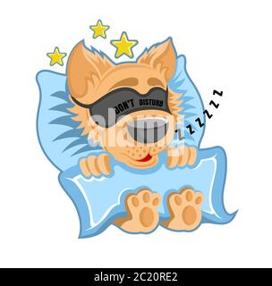 Character red dog in the bed sleeping and snoring with blindfellen in cartoon style on white Stock Vector