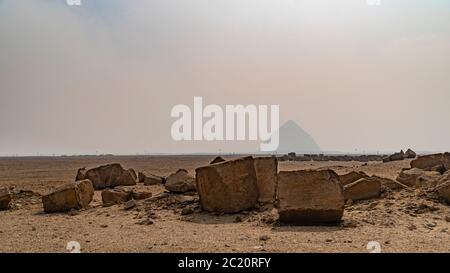 Bent Pyramid, The Bent Pyramid is an ancient Egyptian pyramid located at the royal necropolis of Dahshur, approximately 40 kilometres south of Cairo, Stock Photo