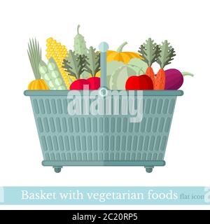 flat icon shop basket with different vegetarian foods on white. Stock Vector