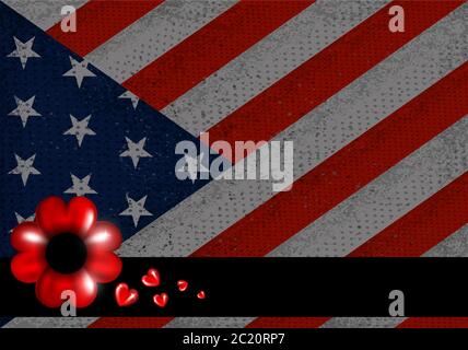 Memorial day or veterans day background. Red poppy flower with black stripe on American flag background. Vector illustration. Stock Vector