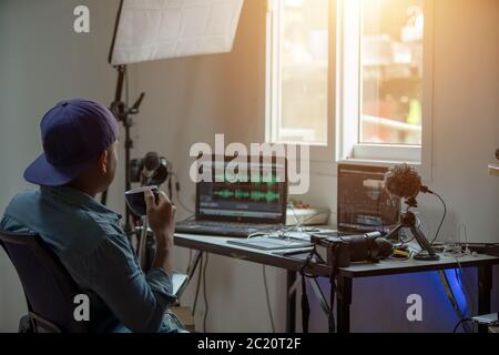 Blogger content creator working from home lifestyles of freelance affected Coronavirus or Covid-19 Stock Photo
