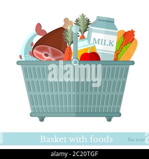flat icon shop basket with different foods on white Stock Vector