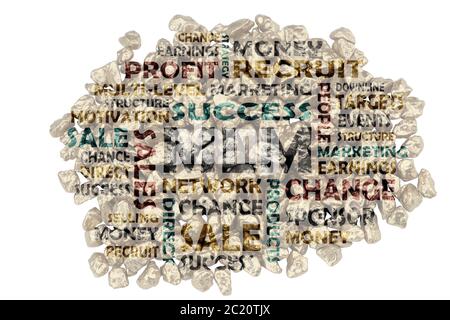 Keyword compilation on MLM, multi-level marketing - cut-out words from piles of golden split stones Stock Photo