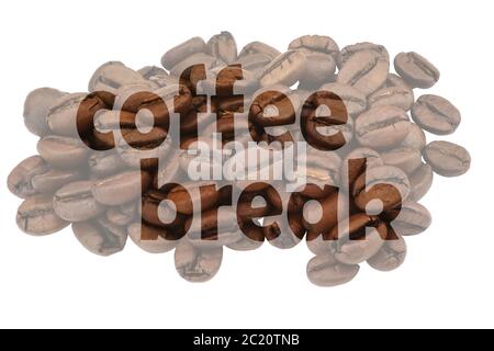 Symbolic illustration of coffee break with image of coffee beans and highlighted text Coffee break Stock Photo