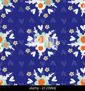 Wild meadow flowers seamless vector pattern background. Bouquets of neon florals on indigo backdrop. Folk country style geometric design. Modern all Stock Vector