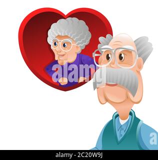 Old grandma and grandpa stand together arm in arm. Couple with big speech  bubble in heart form above them. Flat style modern vector illustration.  Gold Stock Vector Image & Art - Alamy