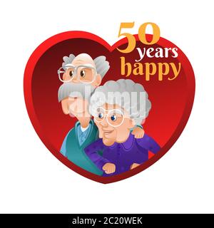 Grandpa huged grandma inside red heart. Grandmother and grandfather celebrating long-term relationship. Golden jubilee or golden wedding anniversary. Stock Vector