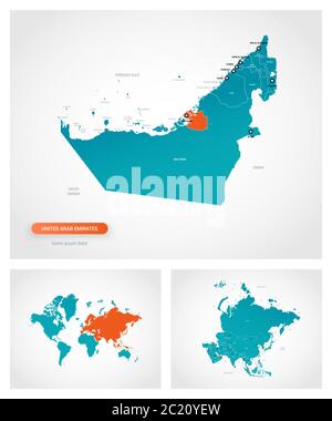 Editable template of map of United Arab Emirates with marks. United Arab Emirates on world map and on Asia map. Stock Vector
