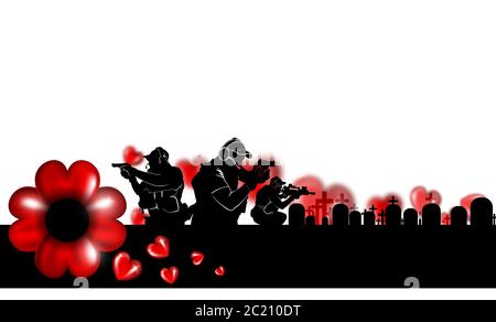 Memorial day or veterans day background. Poppy flower with black ribbon and three modern soldiers with guns on white. Vector illustration. Stock Vector