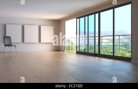 Room with wood floor and a single chair Stock Photo