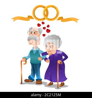 Old grandma and grandpa stand together arm in arm. Couple with two crossed golden rings above them. Golden jubilee or golden wedding anniversary. Stock Vector