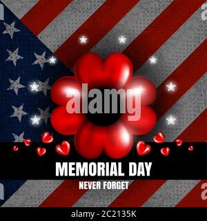 Veterans day, memorial day. Poppy flower from hearts on American flag background Stock Vector