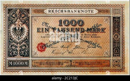 Historische Banknote, 1. Januar 1876, Tausend Mark Stock Photo